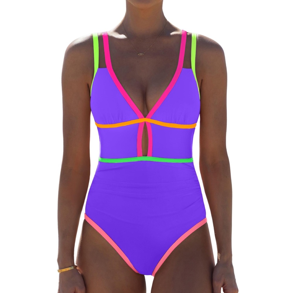 NWT Popvil Purple Neon Cutout Color Block One Piece Swimsuit Large